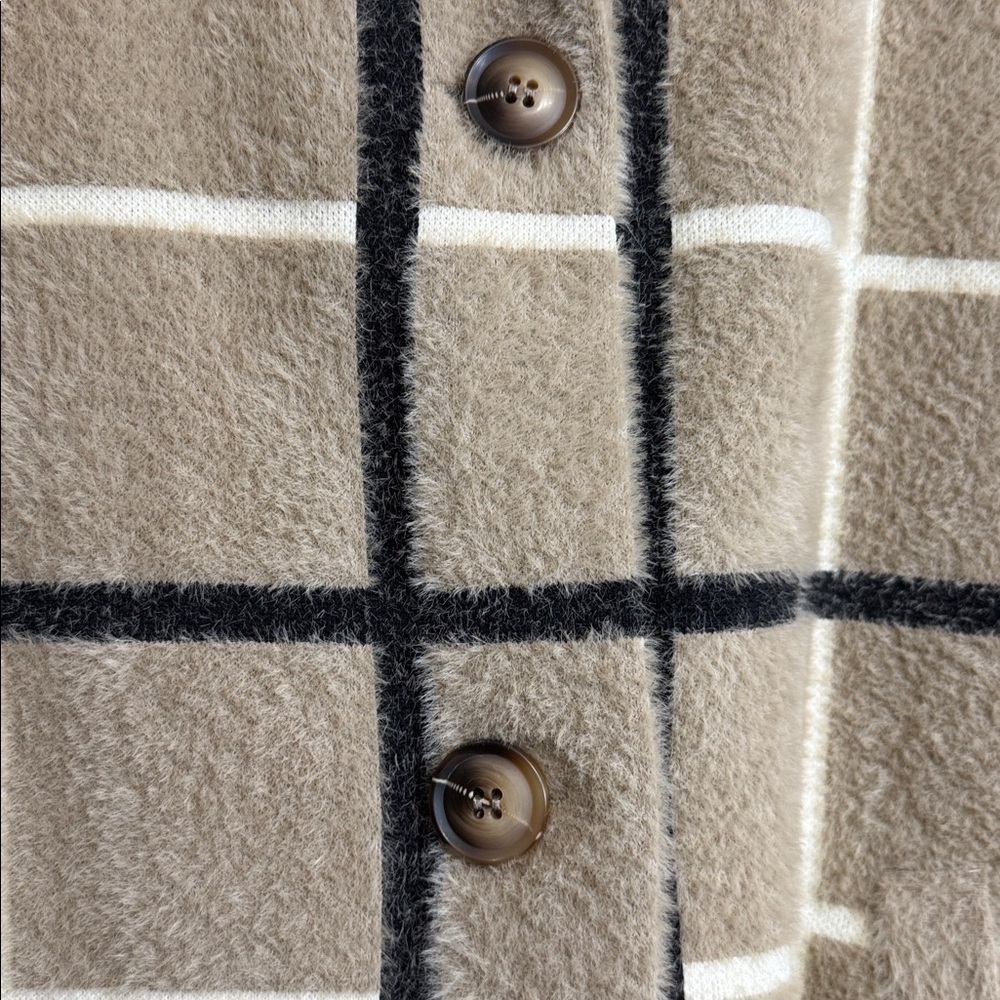 Anthro Teddy Coat Beige Plaid Fuzzy Jacket Cozy Longline Windowpane M - Picture 4 of 7